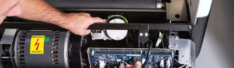 Technician working inside an opened treadmill, with the drive motor and control board exposed