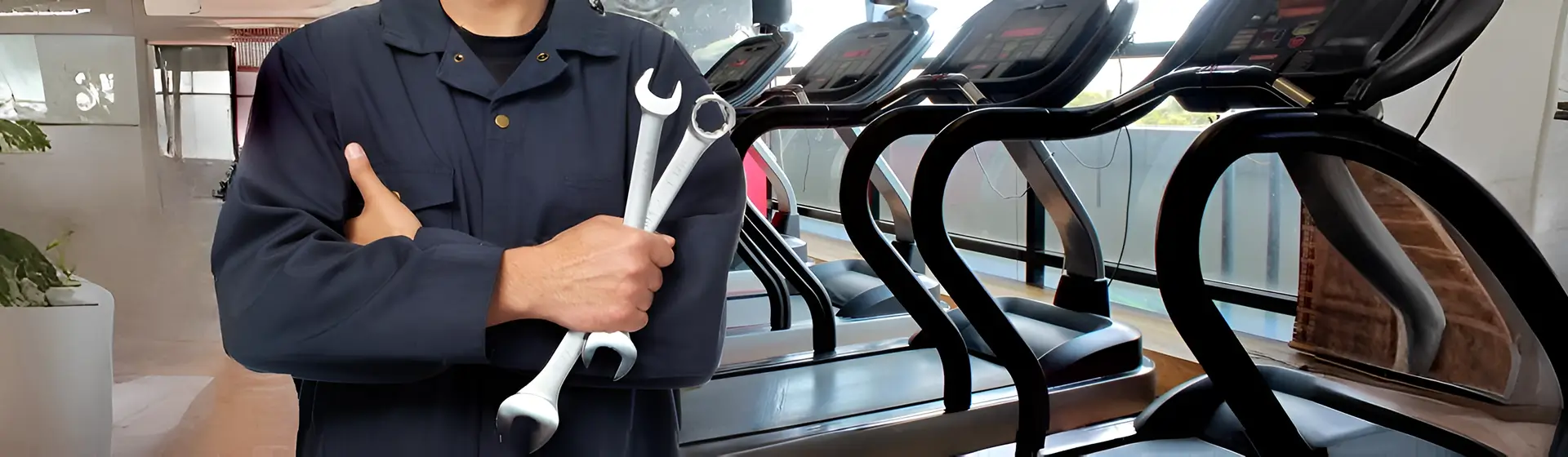 Technician holding a set of wrenches in front of a row of treadmills