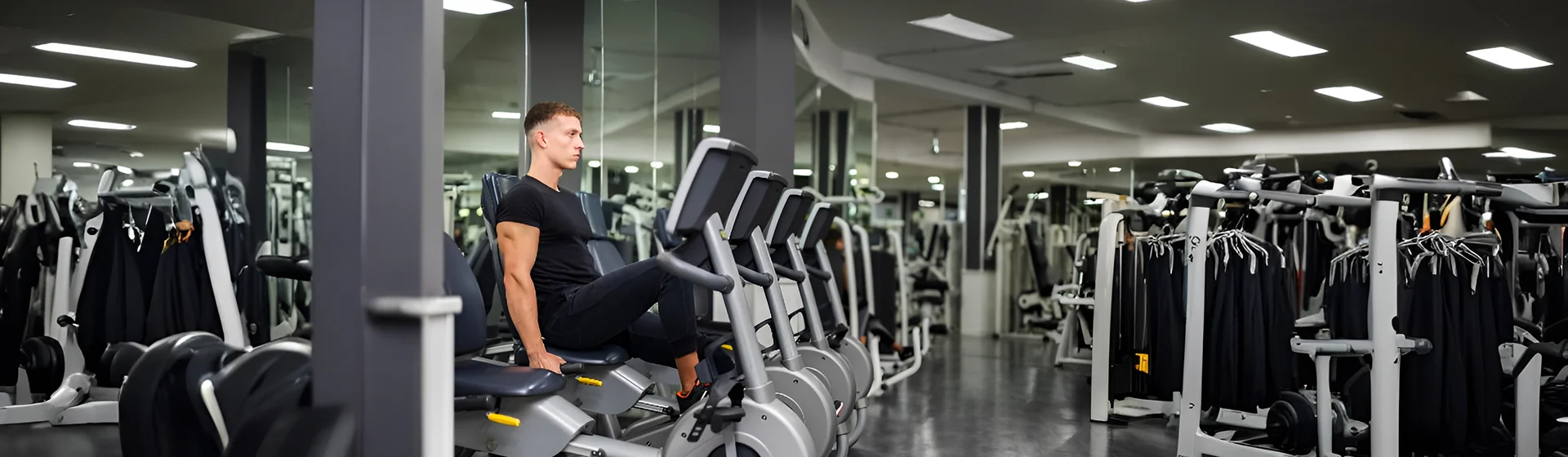 Commercial gym with a member on a seated machine among rows of strength equipment