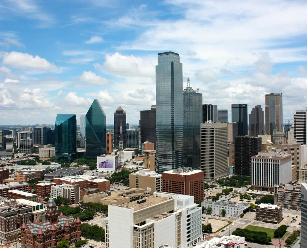 Aerial view of downtown Dallas with Fountain Place and Bank of America Plaza