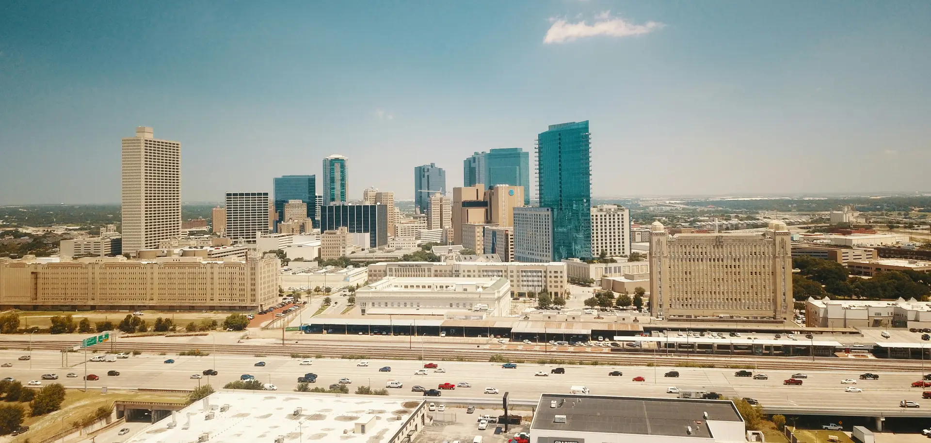 Aerial view of the downtown Fort Worth skyline on a clear day